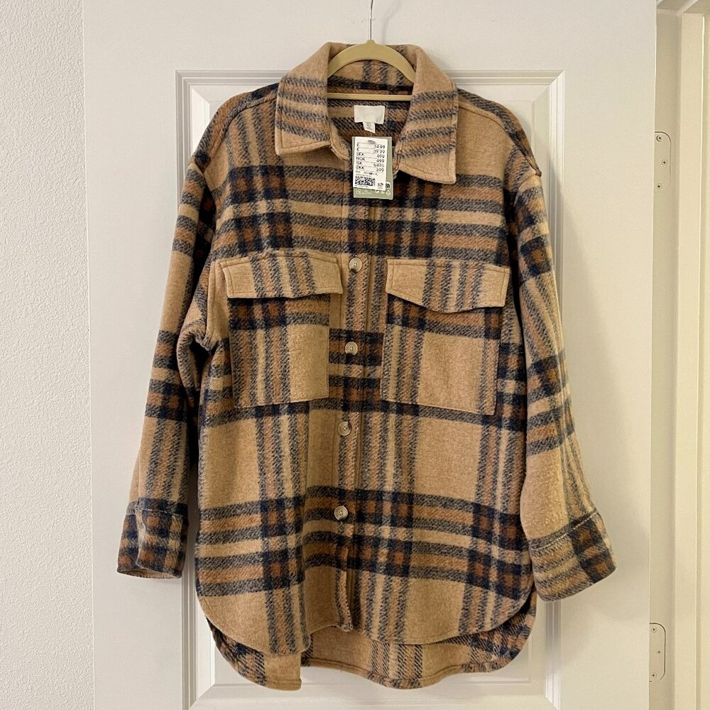 H&M HM Brown Plaid Shirt Jacket Shacket, NEW